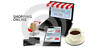 Online shopping concept, Smartphone and laptop with credit cards, Products on Cart with isolated white background