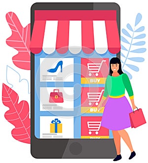 Online shopping concept. Tablet pc, smartphone screen with buy icons and a smiling woman buyer