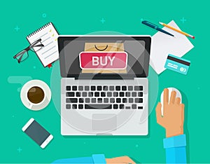 Online shopping concept vector, flat style laptop computer and customer person buying from ecommerce internet store