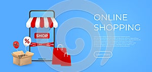 Online shopping concept. Web landing page banner. Realistic mobile phone with gift box and ballon. Vector illustration concept
