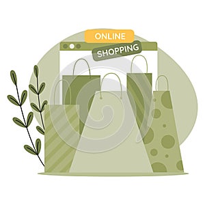 Online shopping concept. Web page with big paper bags for shopping