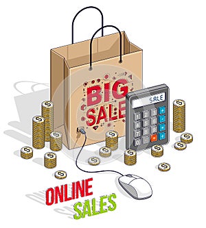 Online Shopping concept, web store, internet sales, Shop bag with pc mouse and cash money stacks and calculator isolated. Vector