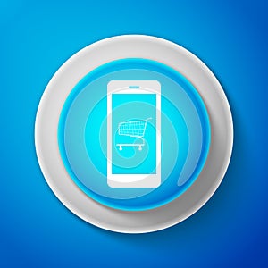 Online shopping concept. White Shopping cart on screen smartphone icon isolated on blue background. Concept e-commerce