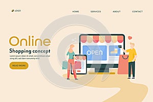 Online shopping concept. Woman buying with smartphone, man using credit card, ecommerce shopping online.