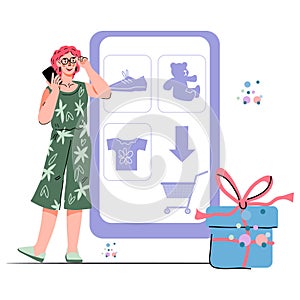 Online shopping concept with woman purchasing goods in internet store, vector.