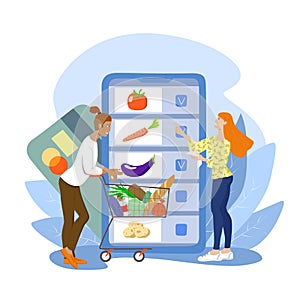 Online shopping concept. Young man and woman choose products using a smartphone application and a credit card. Shopping cart with