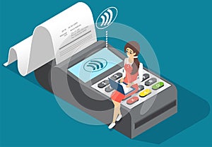 Online shopping concept. Young woman with laptop sitting on payment terminal for retail sale service