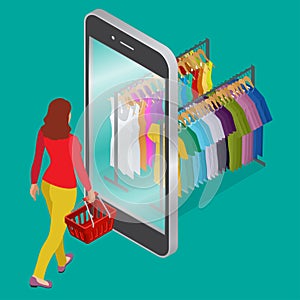 Online shopping and consumerism concept. Mobile grocery shopping e-commerce online store flat 3d web isometric photo