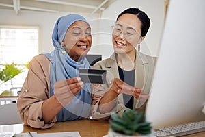 Online shopping, credit card and business women or friends doing ecommerce or banking while talking together. Muslim