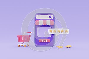 Online shopping customer satisfaction with shopping cart and five star rate review symbol, 3d rendering