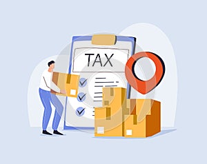Online shopping delivery. Man holding box and tax form. Business shop ecommecrce finances. Online Tax payment. Filling