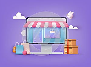 Online shopping.Design graphic elements, signs, symbols. Mobile marketing and digital marketing. 3D Web Vector Illustrations