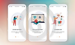 Online shopping. Design of mobile application intro screens. Application templates concept Vector onboarding flat photo