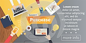 Online shopping, desktop with computer, credit cards, ad hands. Concept purchase product vector modern flat illustration