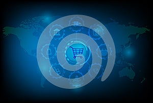 Online shopping digital marketing technology icon on world map futuristic digital innovation background. internet supermarket