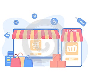 online shopping or digital store on computer and mobile concept. Business online shopping and business e-commerce. Vector