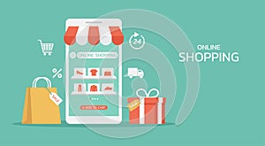 Online shopping or digital store on mobile app concept with shopping bag