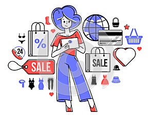 Online shopping and discount vector outline illustration, virtual store worker managing goods or customer have a big choice and