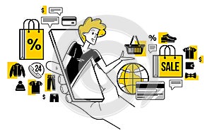 Online shopping and discount vector outline illustration, virtual store worker managing goods or customer have a big choice and