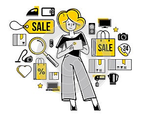Online shopping and discount vector outline illustration, virtual store worker managing goods or customer have a big choice and