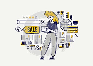 Online shopping and discount vector outline illustration, virtual store worker managing goods or customer have a big choice and