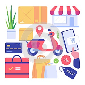 Online shopping, e-commerce concept. Shopping icons set. Flat illustration of shopping icons set for web design.