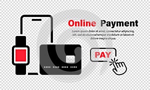 Online shopping or e-commerce icon. Concepts mobile payments. Smartphone, bank card and pointer with button pay. Transfer money