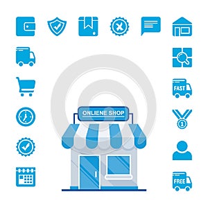 Online shopping e-commerce icons set with Blue Color