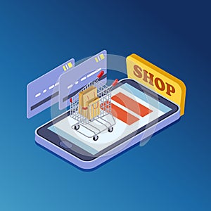 Online shopping, e-commerce isometric vector illustration concept