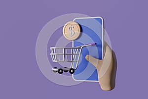 Online shopping e-commerce on mobile phone concept. Digital marketing promotion. Smartphone with shopping cart icon on blue