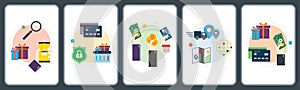 Online shopping, e-commerce, purchase, payment and delivery icons