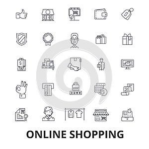 Online shopping, ecommerce, mobile store, cart, bag, buying, marketing, purchase line icons. Editable strokes. Flat
