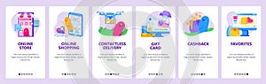 Online shopping and ecommerce technology. Online store concept icons set. Mobile app screens. Vector banner template for