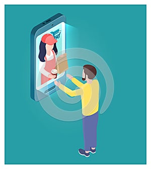 Online shopping, fast food order, delivery isometric illustration. Stock vector. Saleswoman delivers food to a buyer.