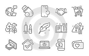 Online shopping, Feather and Handshake icons set. Seo shopping, Smartphone recovery and Flash memory signs. Vector