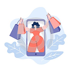 Online shopping flat. Vector hand drawn woman with packages runs from smartphone. Shop in telephone on web browser page