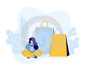 Online shopping flat. Vector hand drawn woman sits with packages runs from telephone. Shop in telephone on web browser