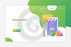 Online Shopping Flat vector illustration concept. Girl make purchase in Mobile phone as marketplace wit credit card