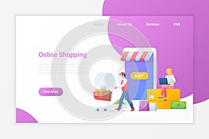 Online Shopping Flat vector illustration concept. Girl sitting on bank card and buying with notebook at Mobile web shop store with