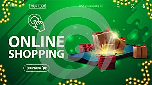 Online shopping, green banner with large white title, button, presents boxes lying on the smartphone screen