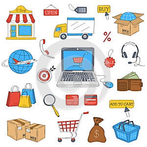 Online shopping hand drawn icons set, vector illustration.