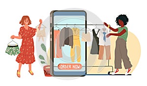 Online shopping. Huge smartphone with order now text on screen, women choose clothes, buying products, internet purchase