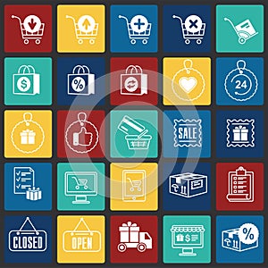 Online shopping icons set on color squares background for graphic and web design, Modern simple vector sign. Internet concept.