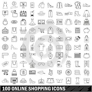 100 online shopping icons set, outline style