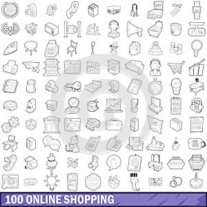 100 online shopping icons set, outline style