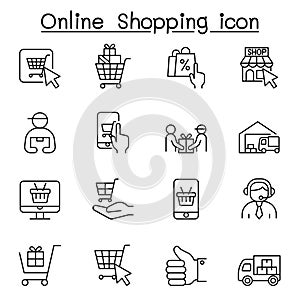 Online shopping icons set in thin line style