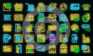Online shopping icons set vector neon
