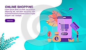 Online shopping illustration concept with character. Template for, banner, presentation, social media, poster, advertising,