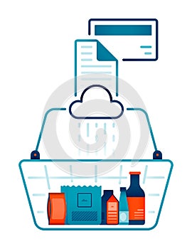 Online shopping illustration in line style. basket containing grocery purchases that connected to cloud to get payment bills and