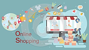 online shopping illustration presentation on blue background